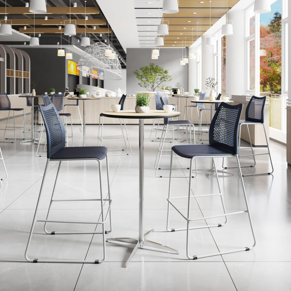 Navy Plastic/Gray Frame |#| Stackable Sled Base Barstool with Vented Back and Integrated Footrest in Navy
