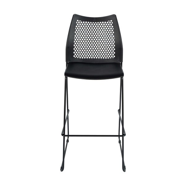 Black Plastic/Black Frame |#| Stackable Sled Base Barstool with Vented Back and Integrated Footrest in Black
