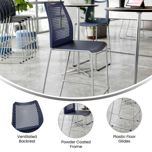 Navy Plastic/Gray Frame |#| Stackable Sled Base Barstool with Vented Back and Integrated Footrest in Navy