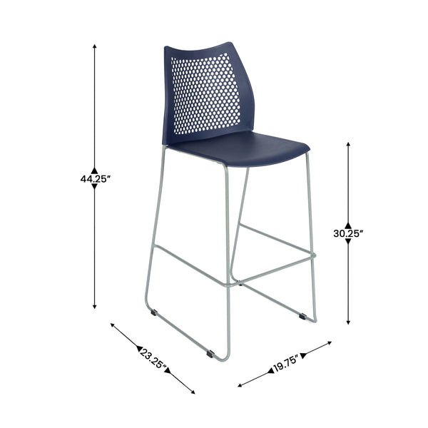 Navy Plastic/Gray Frame |#| Stackable Sled Base Barstool with Vented Back and Integrated Footrest in Navy