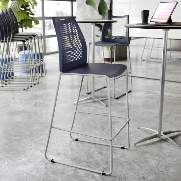 Navy Plastic/Gray Frame |#| Stackable Sled Base Barstool with Vented Back and Integrated Footrest in Navy