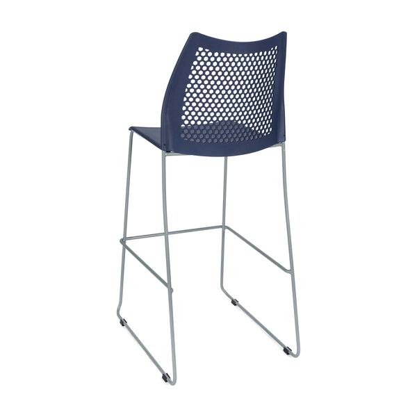 Navy Plastic/Gray Frame |#| Stackable Sled Base Barstool with Vented Back and Integrated Footrest in Navy
