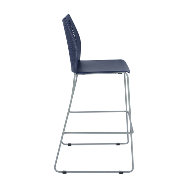 Navy Plastic/Gray Frame |#| Stackable Sled Base Barstool with Vented Back and Integrated Footrest in Navy
