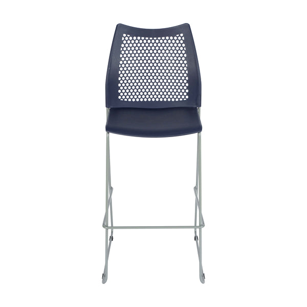 Navy Plastic/Gray Frame |#| Stackable Sled Base Barstool with Vented Back and Integrated Footrest in Navy