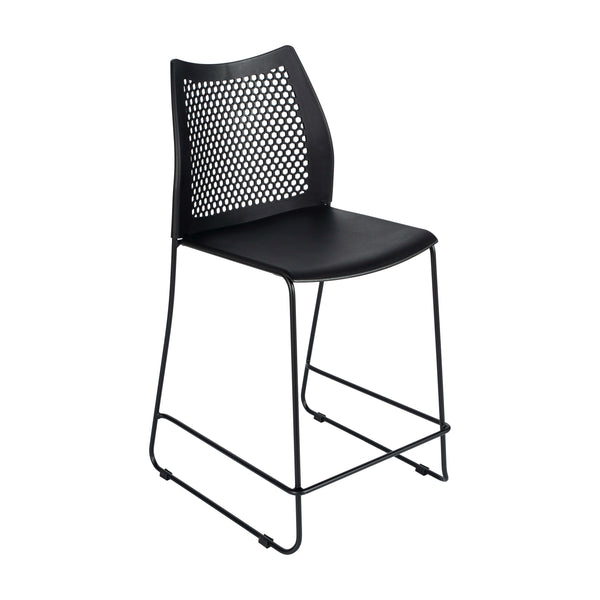 Black Plastic/Black Frame |#| Stackable Sled Base Counter Stool with Vented Back and Footrest in Black