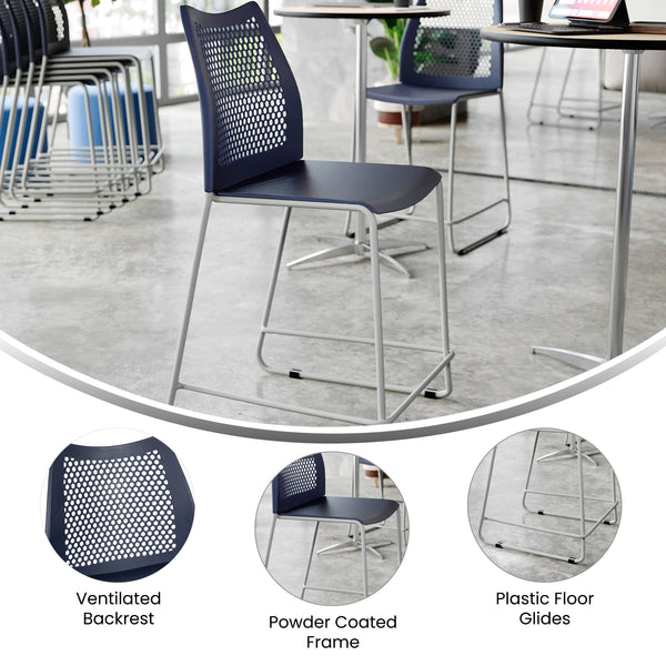 Navy Plastic/Gray Frame |#| Stackable Sled Base Counter Stool with Vented Back and Footrest in Navy