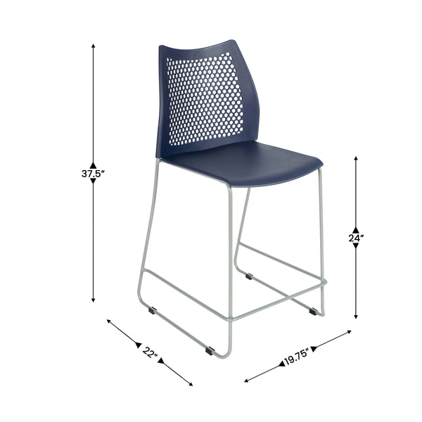 Navy Plastic/Gray Frame |#| Stackable Sled Base Counter Stool with Vented Back and Footrest in Navy