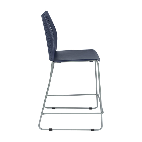 Navy Plastic/Gray Frame |#| Stackable Sled Base Counter Stool with Vented Back and Footrest in Navy