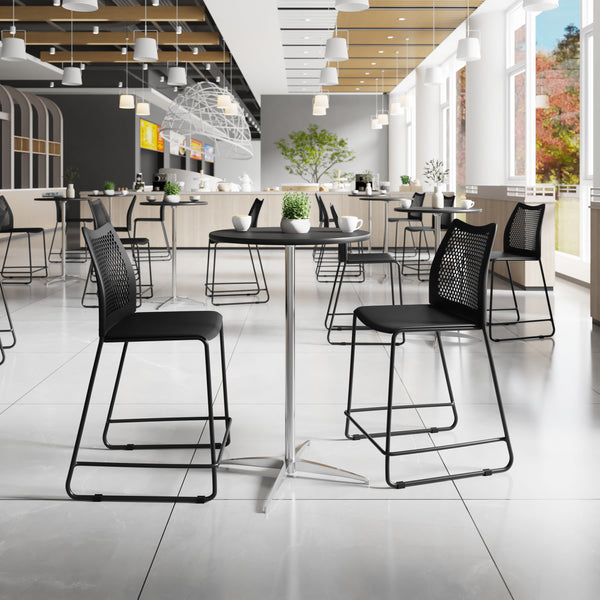 Black Plastic/Black Frame |#| Stackable Sled Base Counter Stool with Vented Back and Footrest in Black