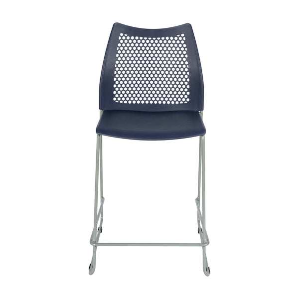 Navy Plastic/Gray Frame |#| Stackable Sled Base Counter Stool with Vented Back and Footrest in Navy
