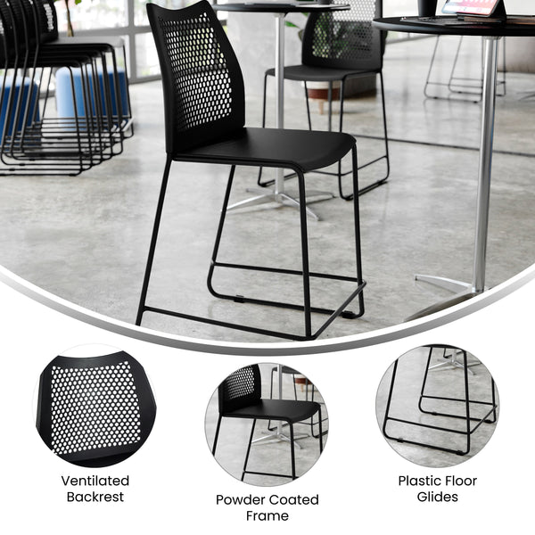 Black Plastic/Black Frame |#| Stackable Sled Base Counter Stool with Vented Back and Footrest in Black