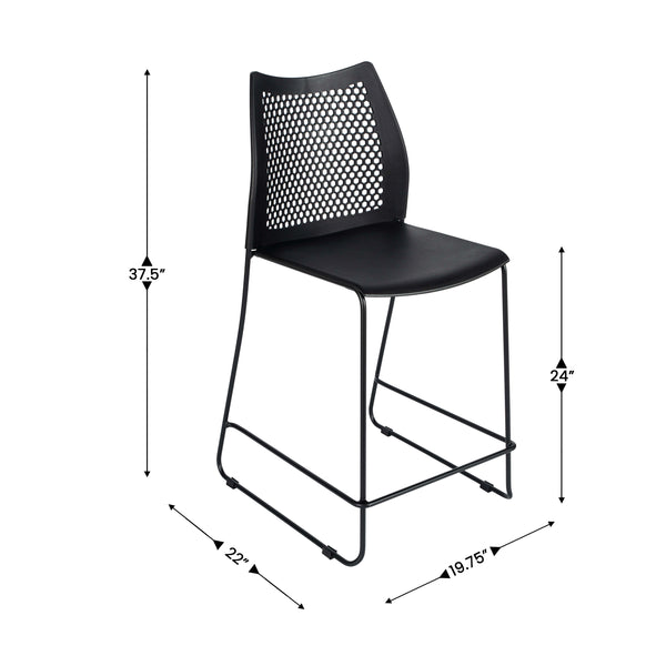 Black Plastic/Black Frame |#| Stackable Sled Base Counter Stool with Vented Back and Footrest in Black