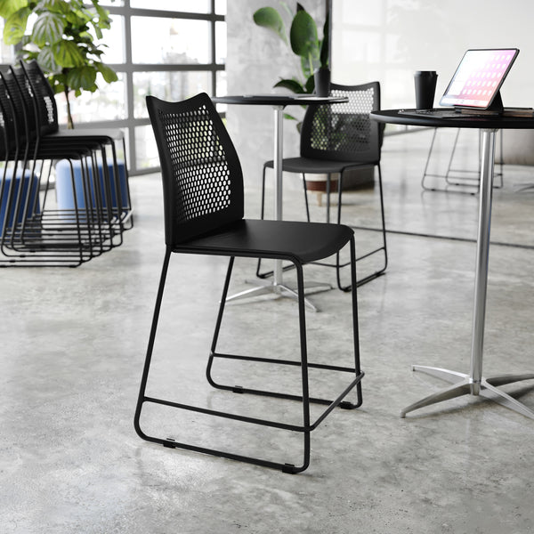Black Plastic/Black Frame |#| Stackable Sled Base Counter Stool with Vented Back and Footrest in Black