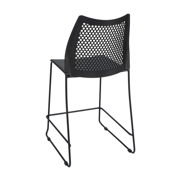 Black Plastic/Black Frame |#| Stackable Sled Base Counter Stool with Vented Back and Footrest in Black