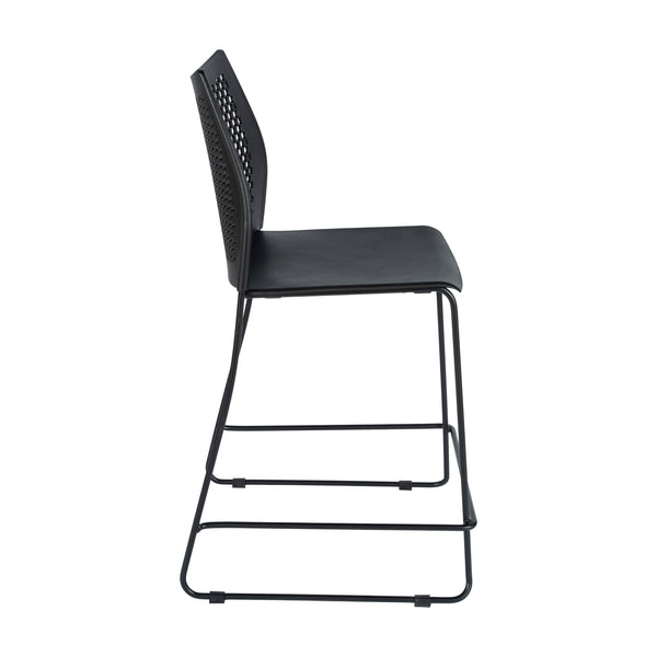 Black Plastic/Black Frame |#| Stackable Sled Base Counter Stool with Vented Back and Footrest in Black