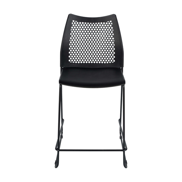 Black Plastic/Black Frame |#| Stackable Sled Base Counter Stool with Vented Back and Footrest in Black