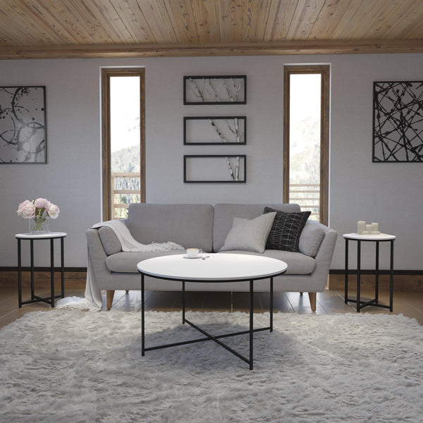White Top/Matte Black Frame |#| White Finish Table Set with Matte Black X Metal Frame-Coffee Table-2 End Tables