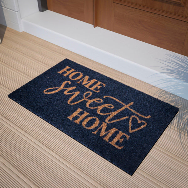 Navy |#| Indoor/Outdoor Non-Slip Coir Doormat with Home Sweet Home Message-Navy/Natural