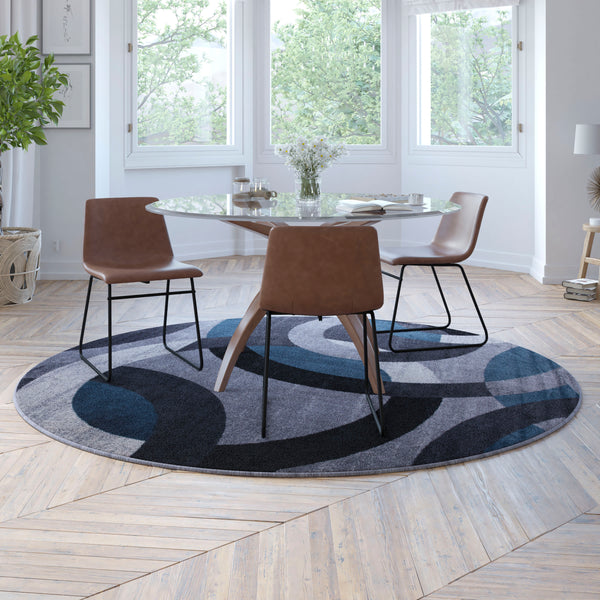 Blue,8' Round |#| Modern Round Geometric Design Area Rug in Blue, Gray, and White - 8' x 8'