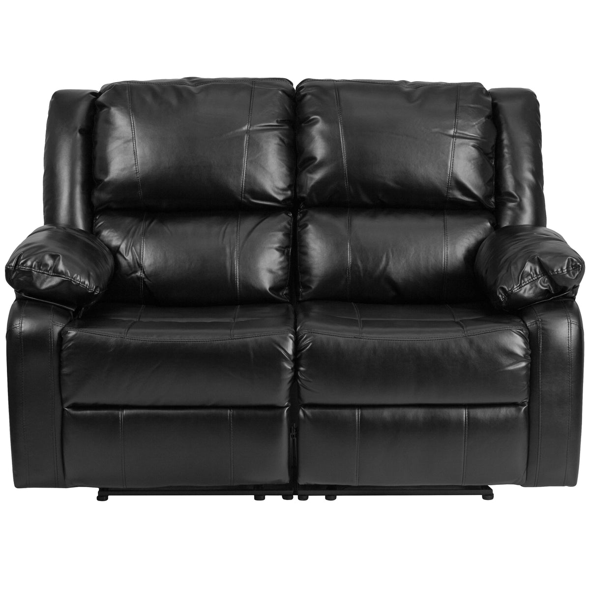 Black LeatherSoft |#| Contemporary Black LeatherSoft Loveseat w/Two Built-In Recliners - Padded Arms