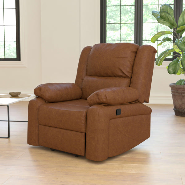 Cognac LeatherSoft |#| Contemporary Cognac LeatherSoft Pillow Back Recliner - Living Room Furniture