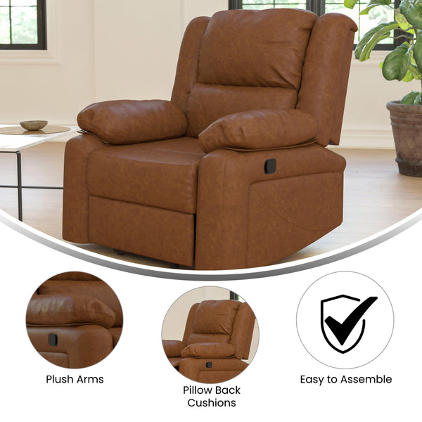 Cognac LeatherSoft |#| Contemporary Cognac LeatherSoft Pillow Back Recliner - Living Room Furniture