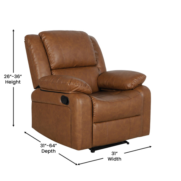 Cognac LeatherSoft |#| Contemporary Cognac LeatherSoft Pillow Back Recliner - Living Room Furniture