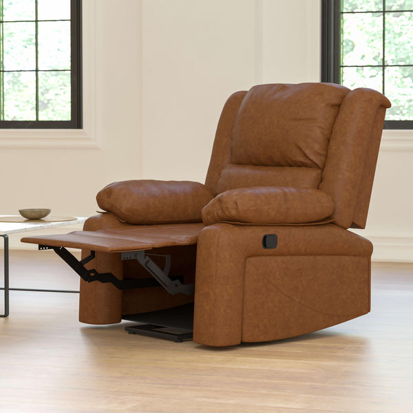 Cognac LeatherSoft |#| Contemporary Cognac LeatherSoft Pillow Back Recliner - Living Room Furniture