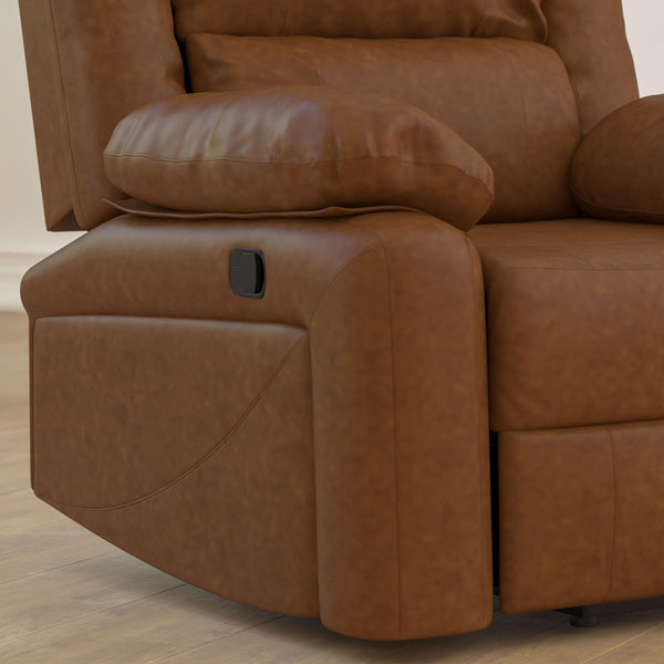 Cognac LeatherSoft |#| Contemporary Cognac LeatherSoft Pillow Back Recliner - Living Room Furniture