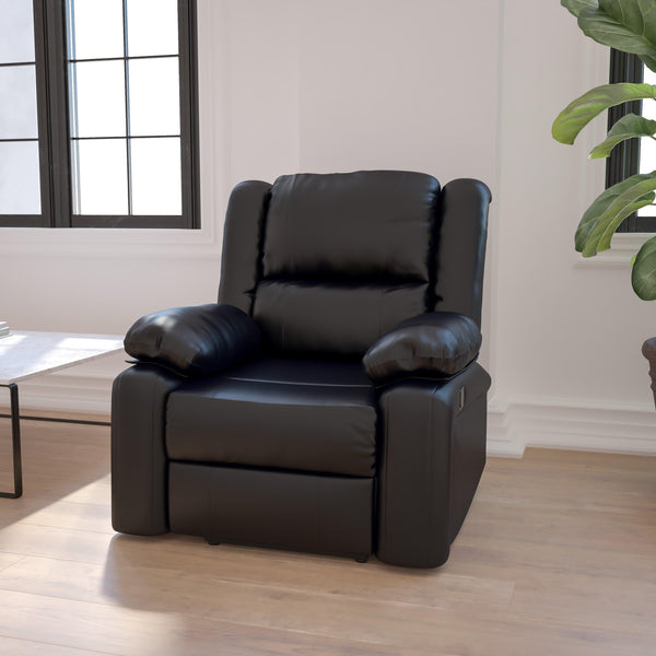 Black LeatherSoft |#| Contemporary Black LeatherSoft Pillow Back Recliner - Living Room Furniture