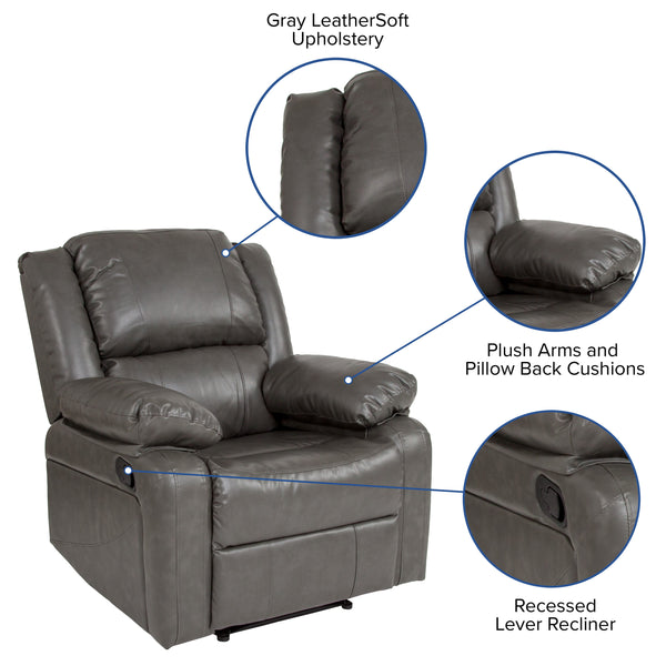 Gray LeatherSoft |#| Contemporary Gray LeatherSoft Pillow Back Recliner - Living Room Furniture