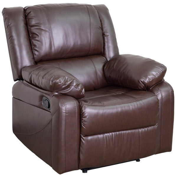 Brown LeatherSoft |#| Brown Contemporary LeatherSoft Plush Pillow Back Recliner with Padded Arms