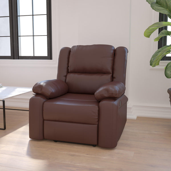 Brown LeatherSoft |#| Brown Contemporary LeatherSoft Plush Pillow Back Recliner with Padded Arms