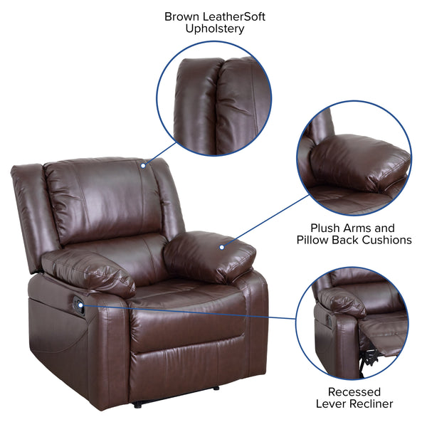 Brown LeatherSoft |#| Brown Contemporary LeatherSoft Plush Pillow Back Recliner with Padded Arms