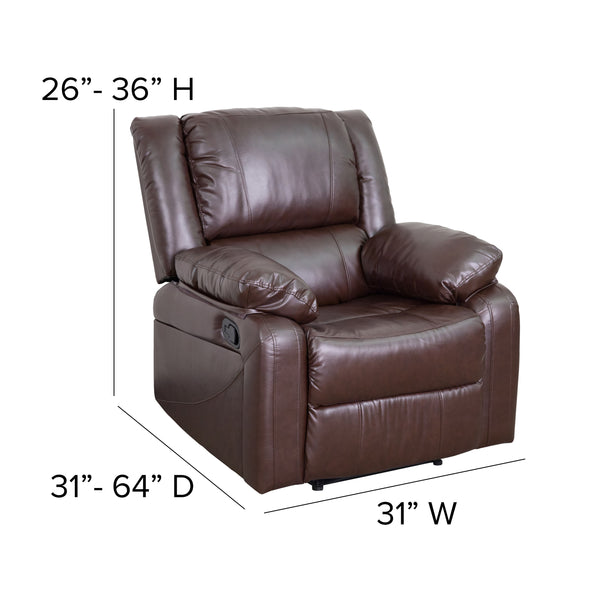 Brown LeatherSoft |#| Brown Contemporary LeatherSoft Plush Pillow Back Recliner with Padded Arms