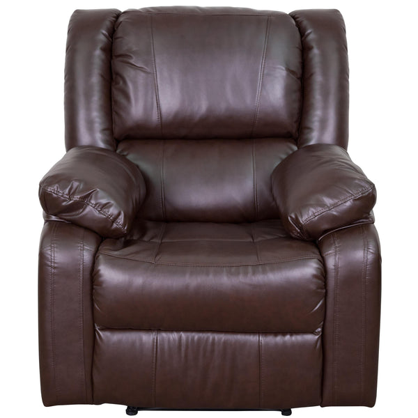 Brown LeatherSoft |#| Brown Contemporary LeatherSoft Plush Pillow Back Recliner with Padded Arms