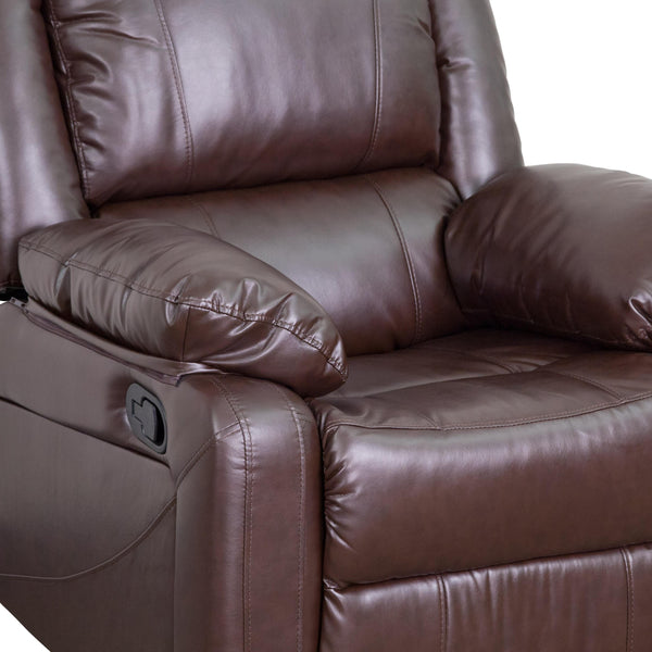 Brown LeatherSoft |#| Brown Contemporary LeatherSoft Plush Pillow Back Recliner with Padded Arms