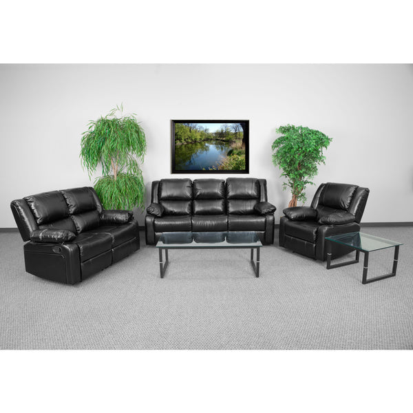 Black LeatherSoft |#| Contemporary Black LeatherSoft Reclining Plush Pillow Back Sofa Set-Padded Arms