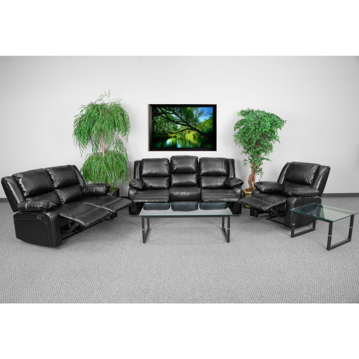 Black LeatherSoft |#| Contemporary Black LeatherSoft Reclining Plush Pillow Back Sofa Set-Padded Arms