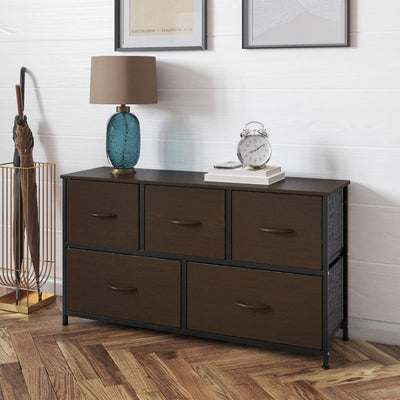Harris 5 Drawer Vertical Storage Dresser with Cast Iron Frame, Wood Top, and Easy Pull Fabric Drawers with Wooden Handles