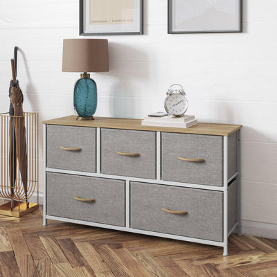 Harris 5 Drawer Vertical Storage Dresser with Cast Iron Frame, Wood Top and Easy Pull Fabric Drawers with Wooden Handles