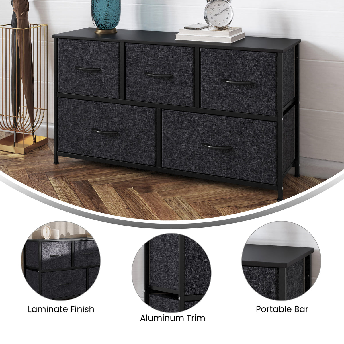 Black Drawers/Black Frame |#| 5 Drawer Dresser-Black Wood Top/Black Iron Frame/Black Drawers - Black Handles