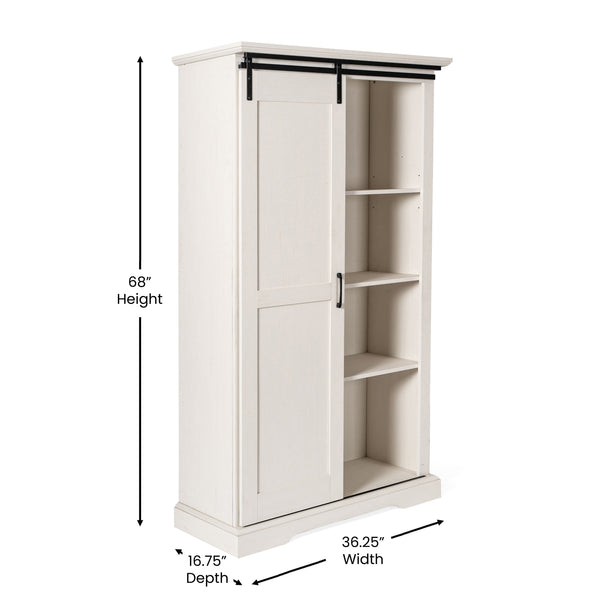 White |#| Farmhouse Storage Cabinet with Adjustable Shelves and Sliding Barn Door - White