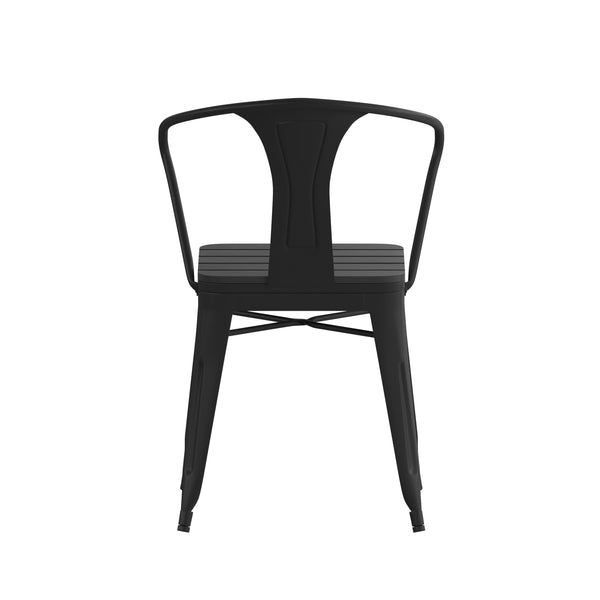 Black |#| All-Weather Black Steel Vertical Slat Back Patio Arm Chair with Poly Resin Seat