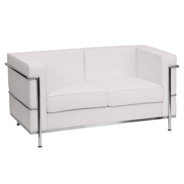 Melrose White |#| Contemporary White LeatherSoft Loveseat with Double Bar Encasing Frame