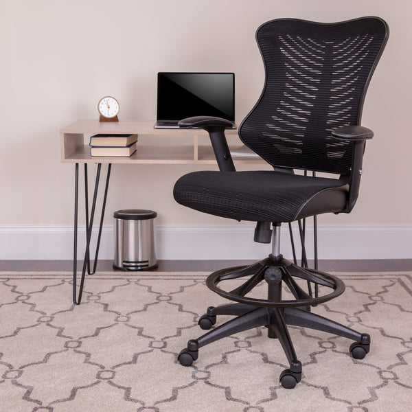 Black High Back Mesh Drafting Chair with LeatherSoft Sides and Adjustable Arms