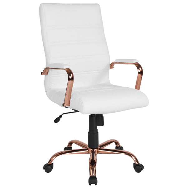 White LeatherSoft/Rose Gold Frame |#| High Back White LeatherSoft Executive Swivel Office Chair - Rose Gold Frame/Arms