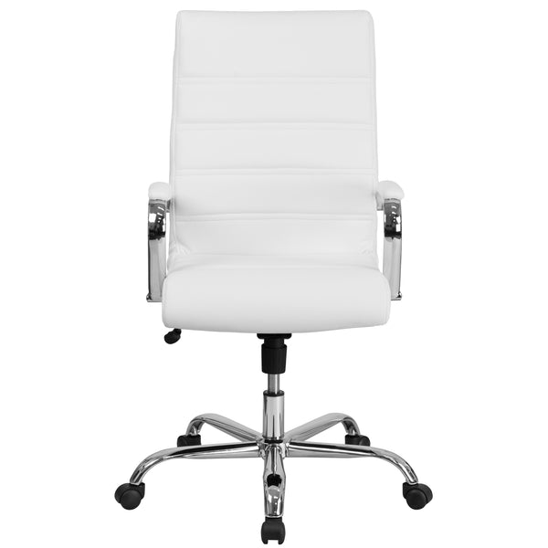 White LeatherSoft/Chrome Frame |#| High Back White LeatherSoft Executive Swivel Office Chair with Chrome Frame/Arms