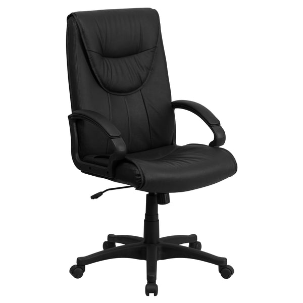 High Back Black Leather Executive Swivel Chair w/ Distinct Headrest and Arms