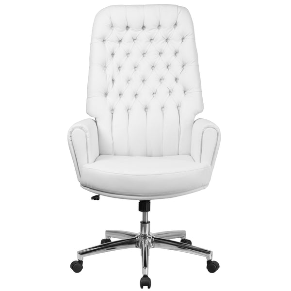 White |#| High Back Traditional Tufted White LeatherSoft Executive Swivel Office Chair